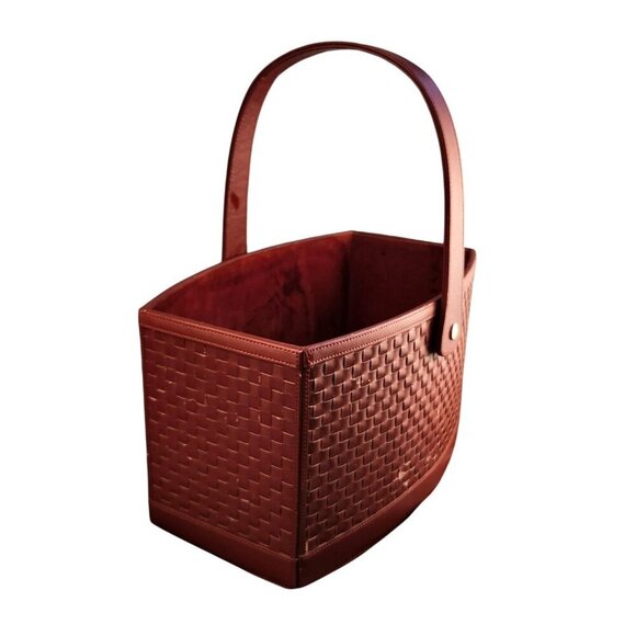 Woven Faux Leather and Wood Basket With Handle - Rectangular Design Deep Red Col - Picture 2 of 14